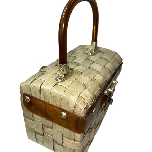 Vintage Lucite Small Bag Tan/Brown Kiss Lock Open Tigers Eye Hinged Open - Picture 3 of 15